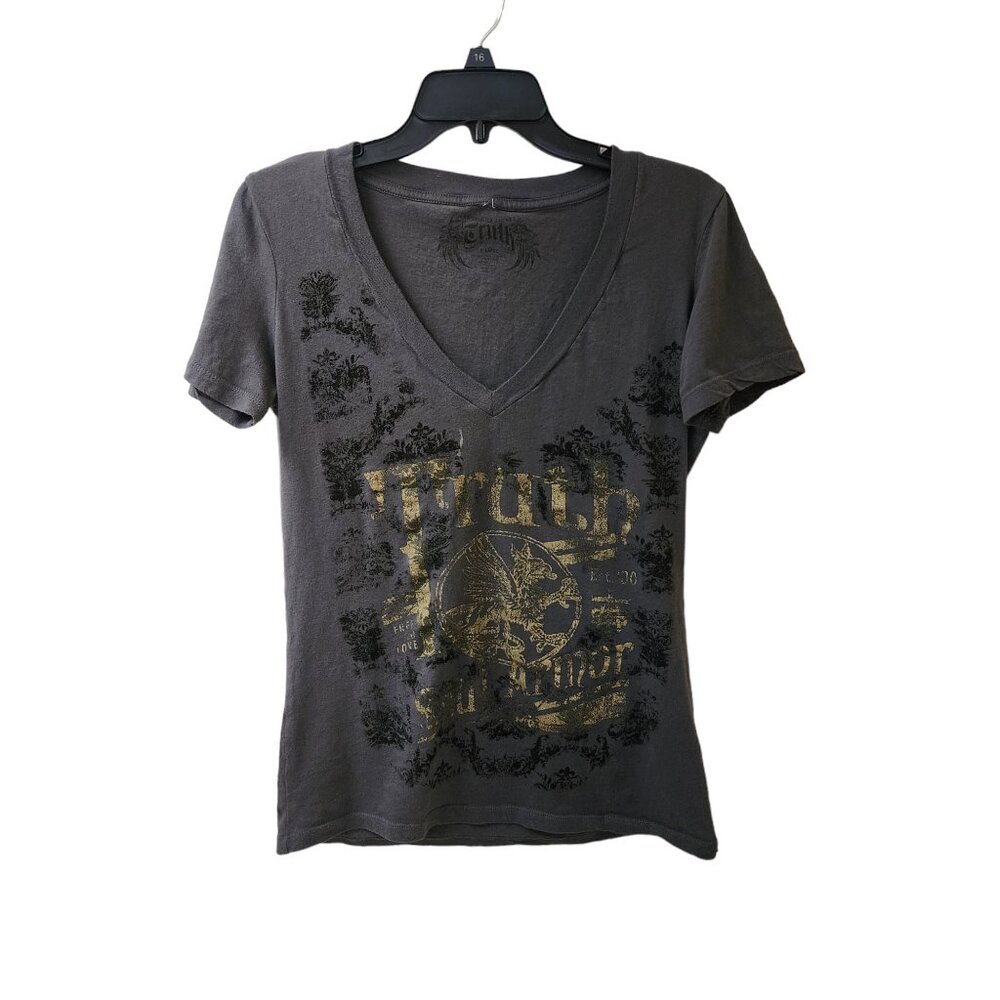 Truth Grey Gold Deep V-Neck Top Women's Size XL small hole on collar
